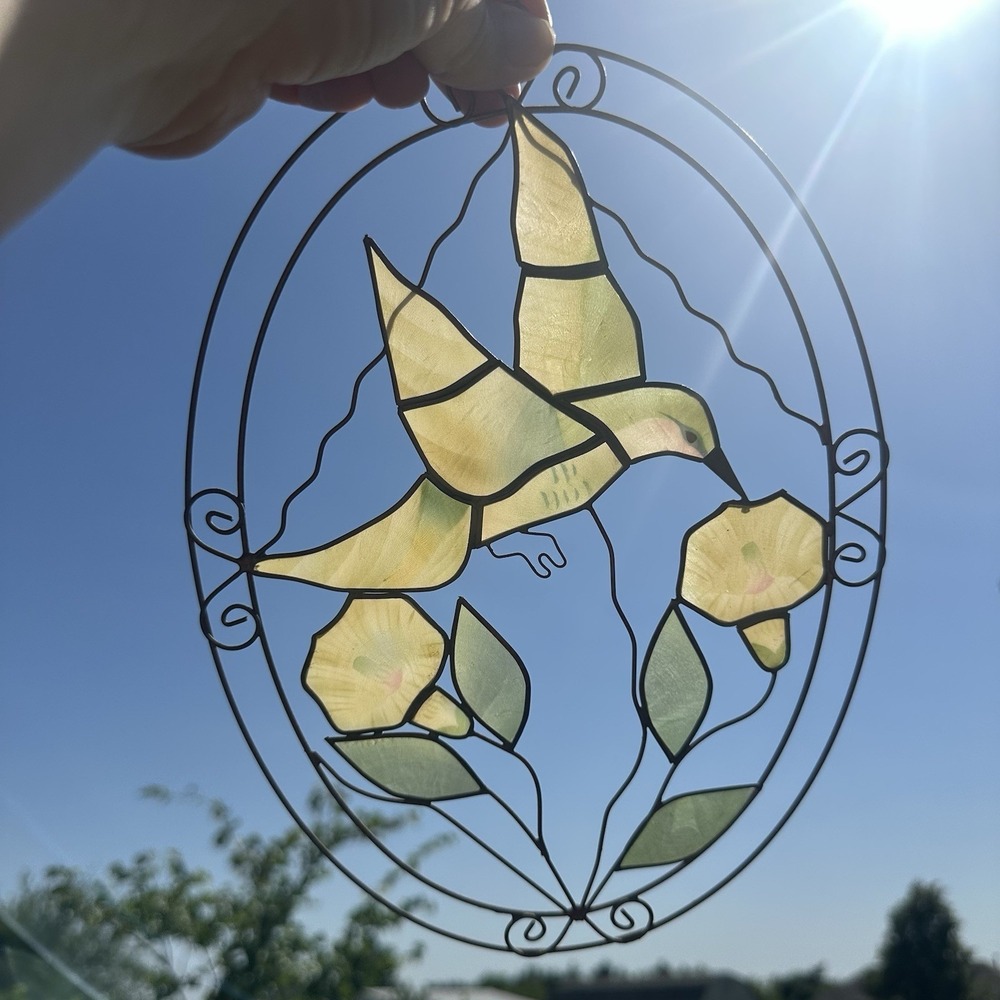 Capiz Shell Sun Catcher Hanging Hummingbird & Flower Ornament Copper Brass‎ wire
